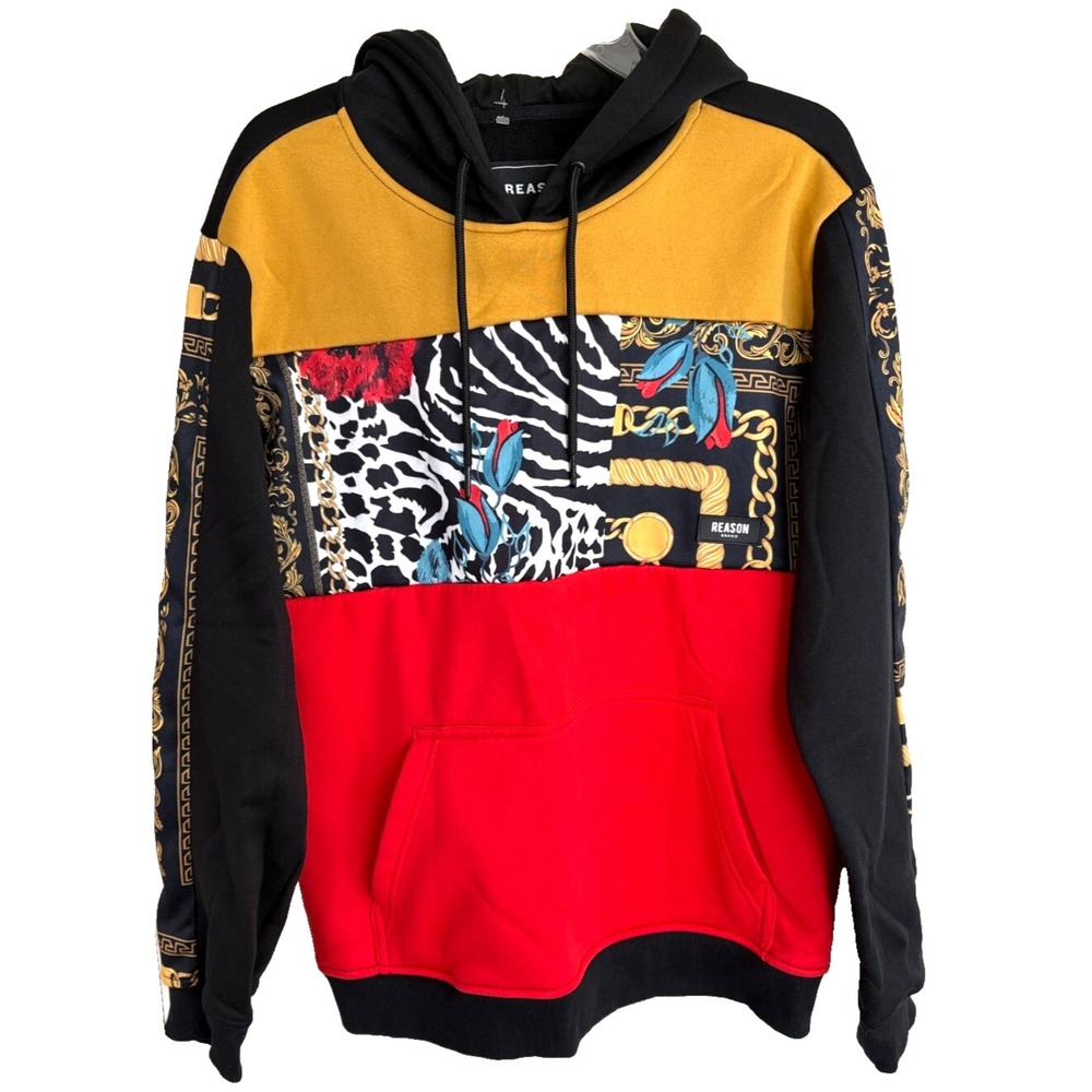 Reason Brand Men Medium Hoodie Color Block Multi Pattern Hip Hop Y2K Retro Swag